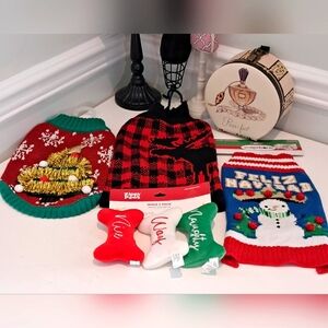 3 Size Small Dog Christmas/Holiday Sweaters with 1 Package of Small Toys NWT